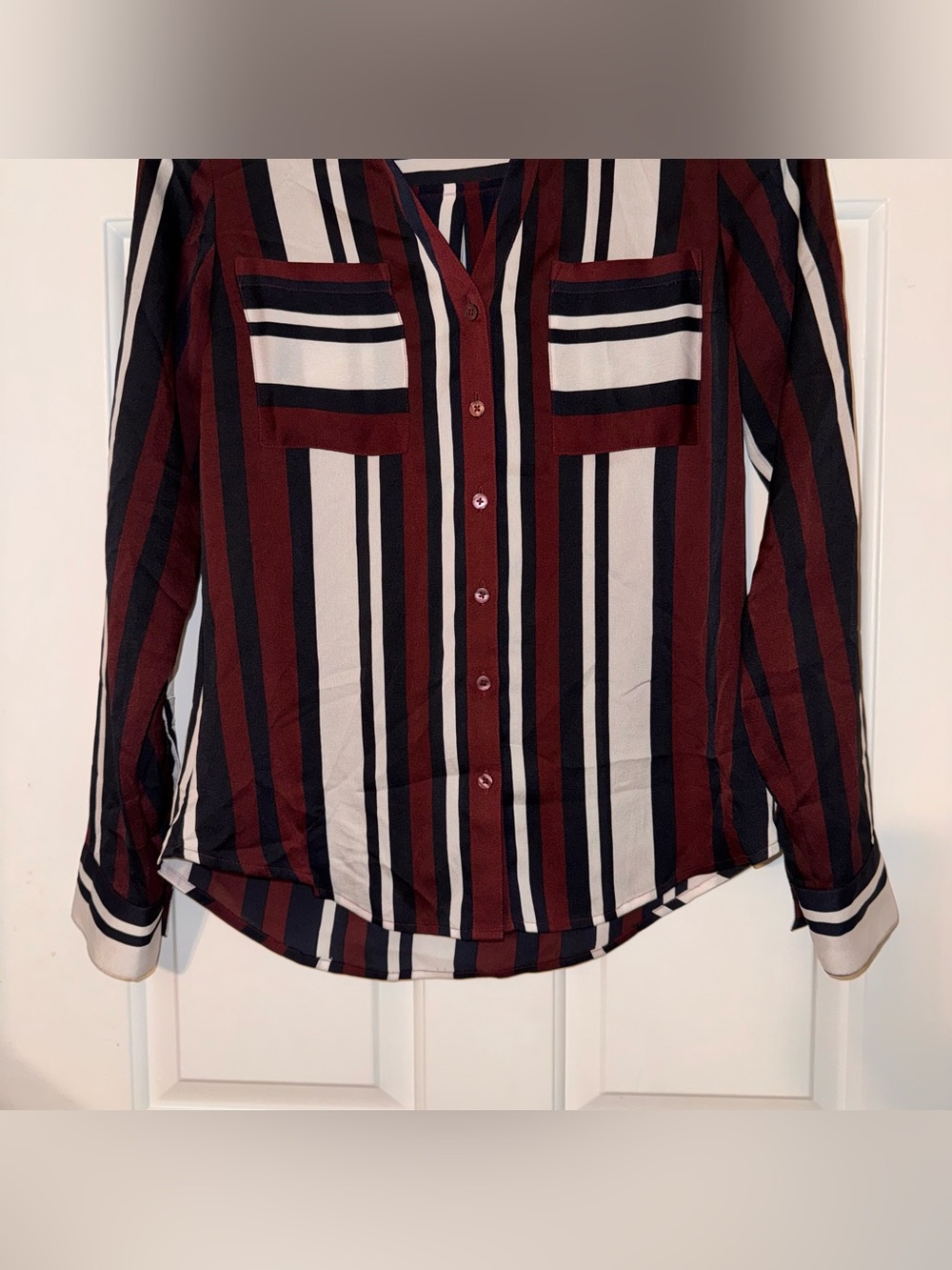 Express the portofino slim Striped Button-Down Shirt Burgundy White Black XS - Picture 6 of 14